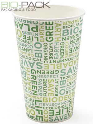 Bicchiere per bevande fredde monouso biodegradabile e compostabile in cartoncino laminato con biopolimero Text Bio